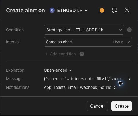 The strategy selected as the single condition in TradingView’s alert dialog