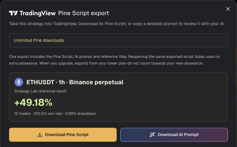 The WTFutures Pine export window and download buttons