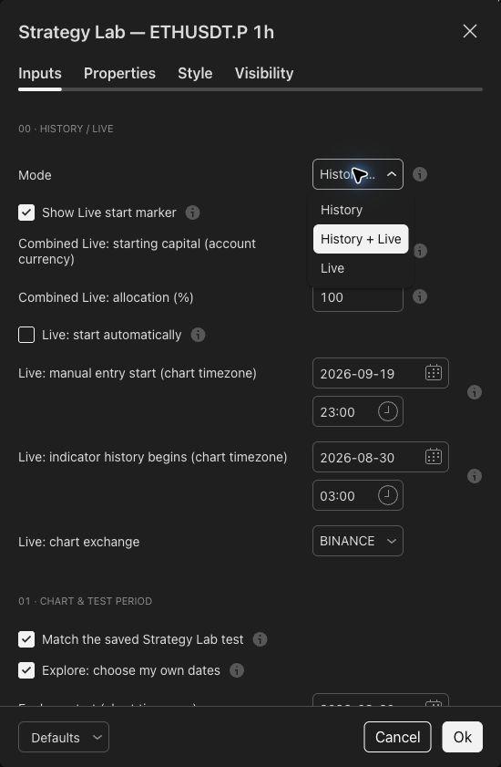 Inputs showing History + Live, custom Live sizing and automatic or manual Live start