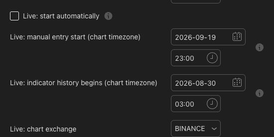 Automatic Live start switched off with the manual start and indicator-history date visible