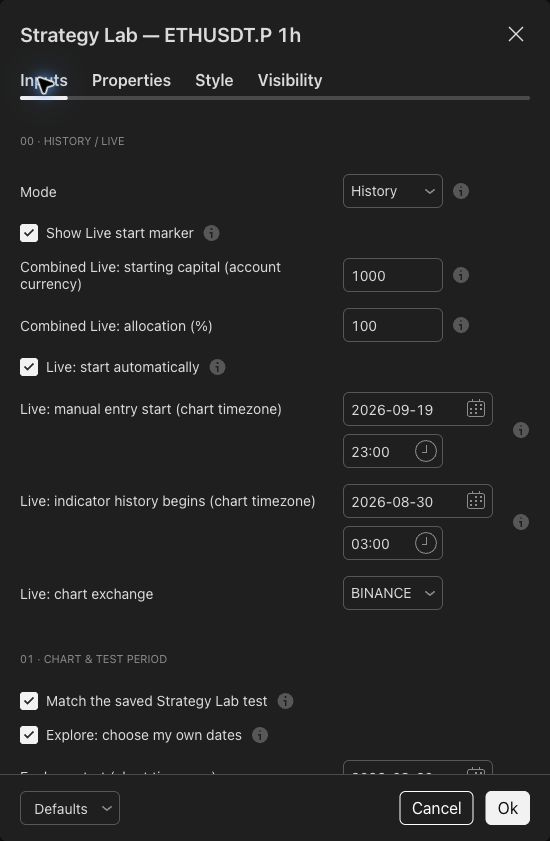 Strategy Inputs with History mode and the saved-test settings