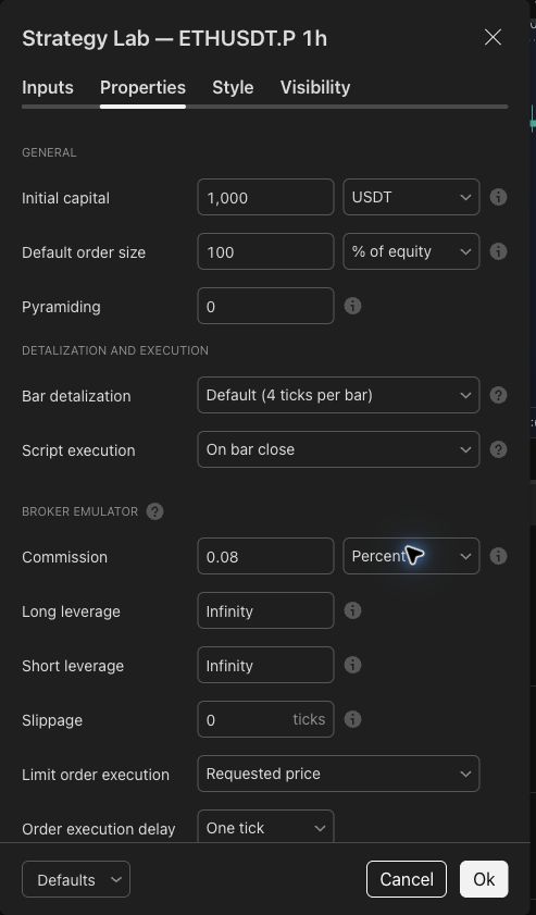 Strategy Properties showing capital, order size, costs and execution settings